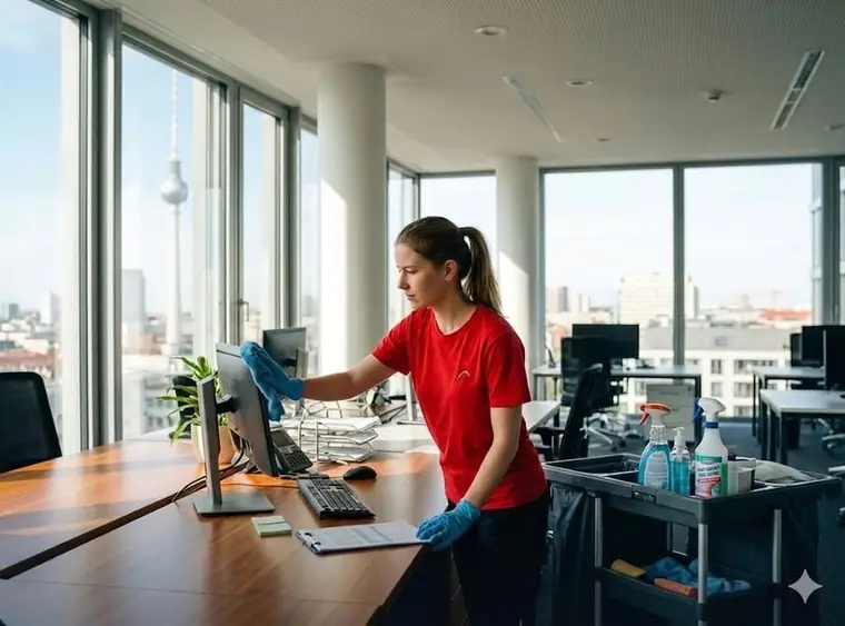 Reinigungsteam von amt multiservices reinigt Glasfassade in Berlin